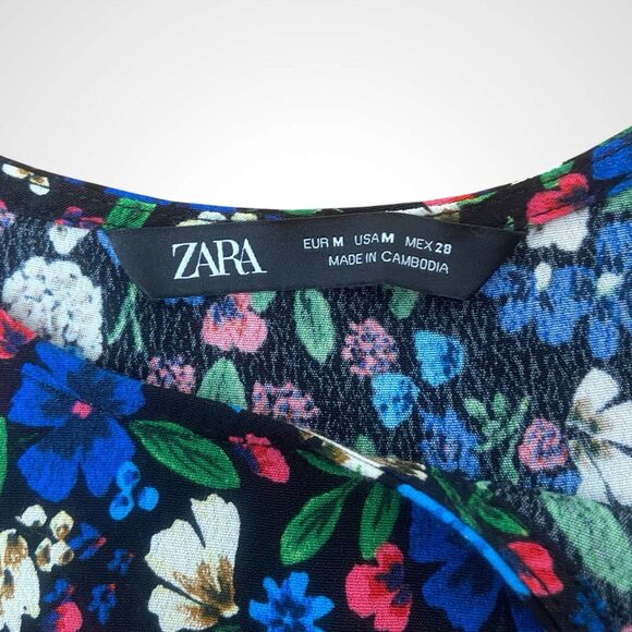 Zara Floral Skort Dress Women Size M Tiered Mini 3/4 Balloon Sleeve Ruffle Hem - Picture 7 of 8
